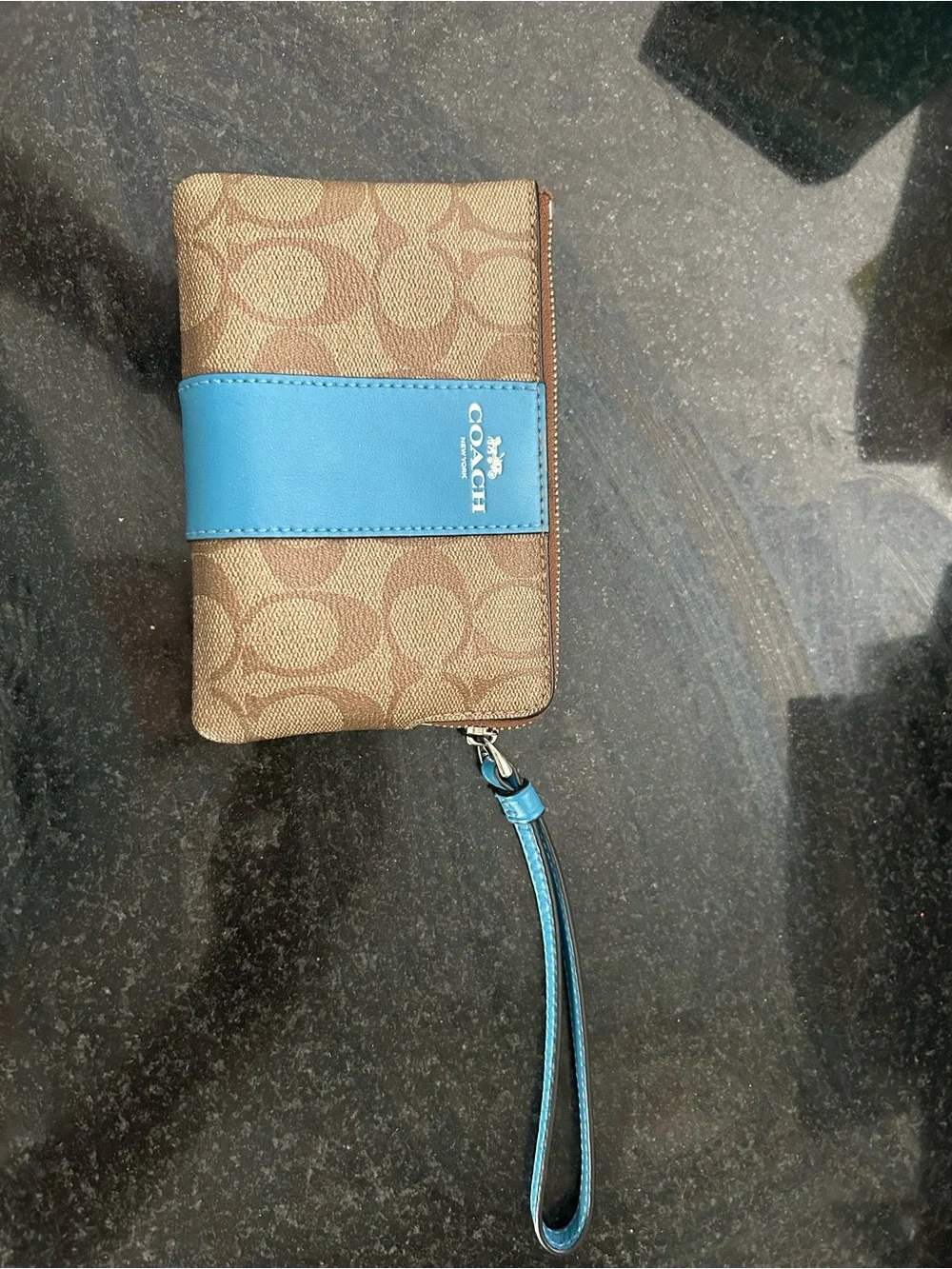 Coach Tan Signature Canvas Wristlet with Blue Leather Band